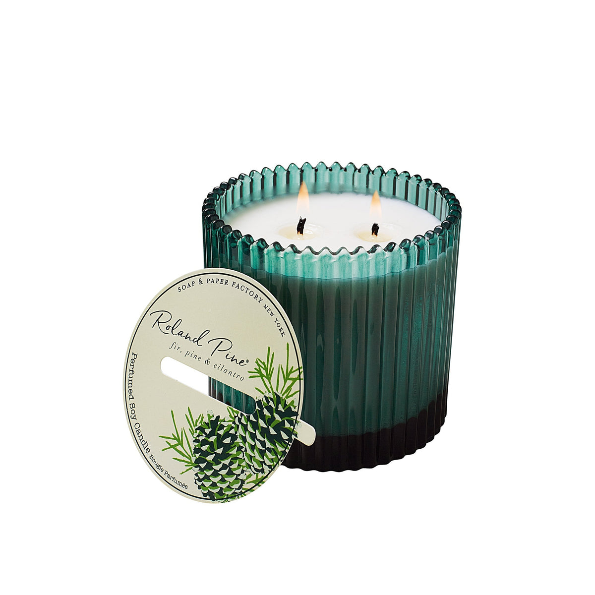 Soap & Paper Factory Roland Pine Two-Wick Forest Gorgeous Green Ribbed Glass Candle 14oz burn time 14 hours - Brought to you by Luxe & Lark