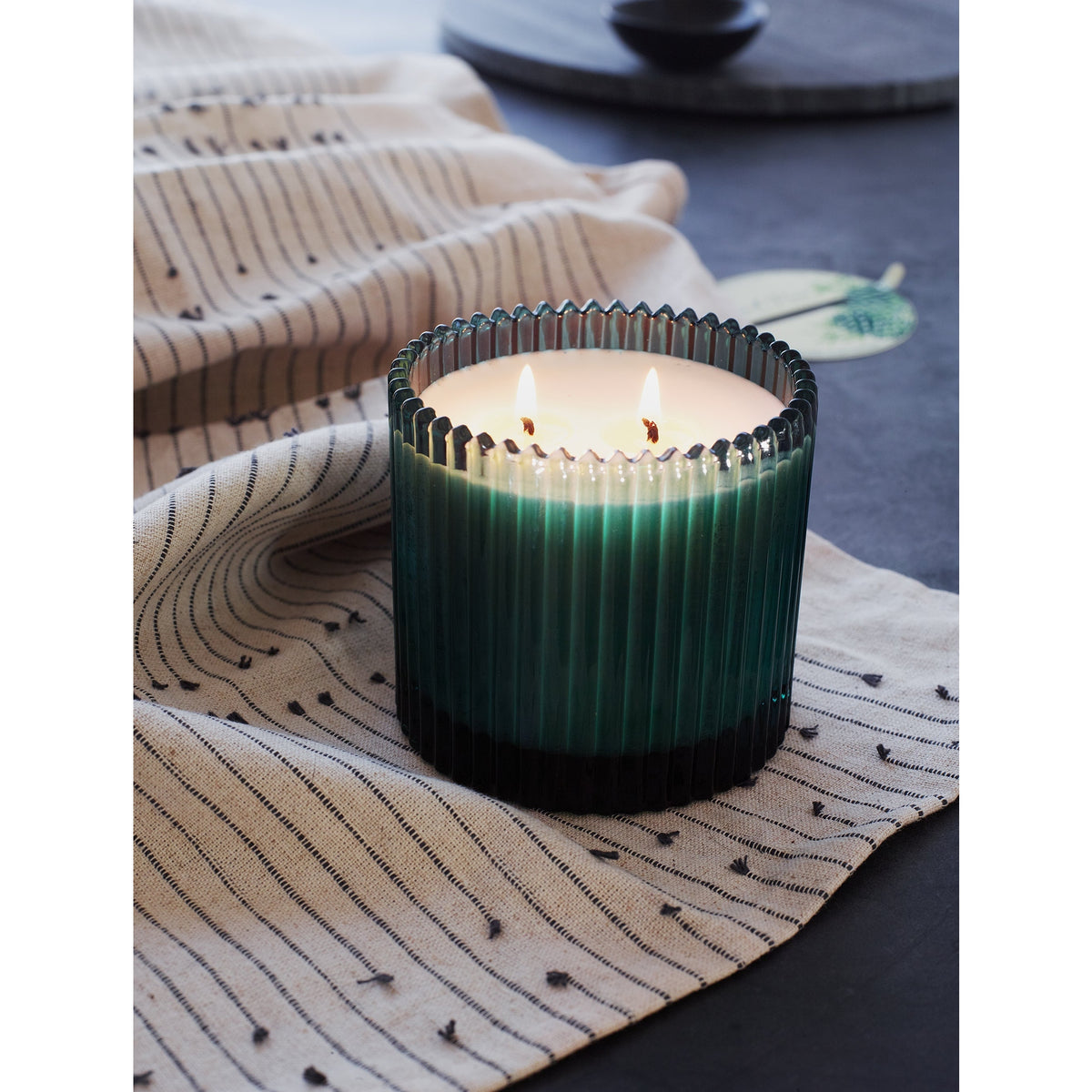 Soap & Paper Factory Roland Pine Two-Wick Forest Gorgeous Green Ribbed Glass Candle 14oz burn time 14 hours - Brought to you by Luxe & Lark