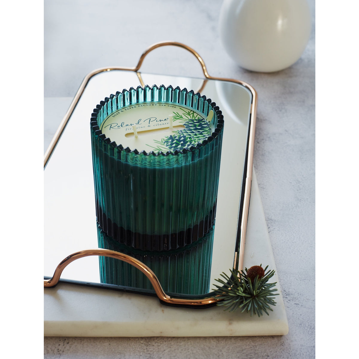 Soap & Paper Factory Roland Pine Two-Wick Forest Gorgeous Green Ribbed Glass Candle 14oz burn time 14 hours - Brought to you by Luxe & Lark