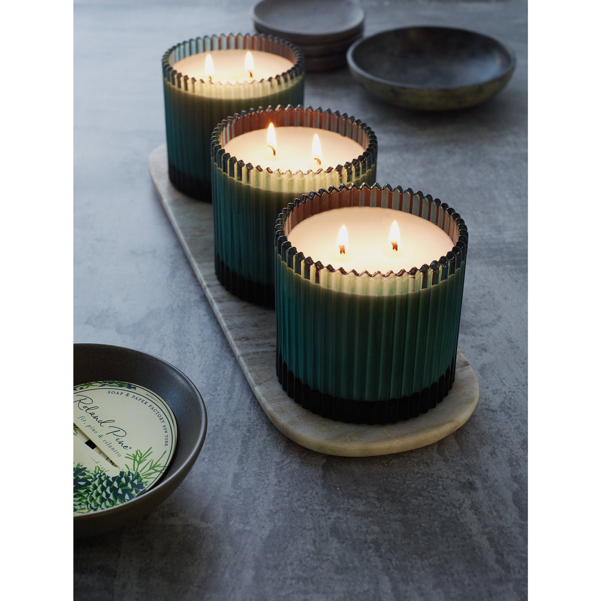 Soap & Paper Factory Roland Pine Two-Wick Forest Gorgeous Green Ribbed Glass Candle 14oz burn time 14 hours - Brought to you by Luxe & Lark