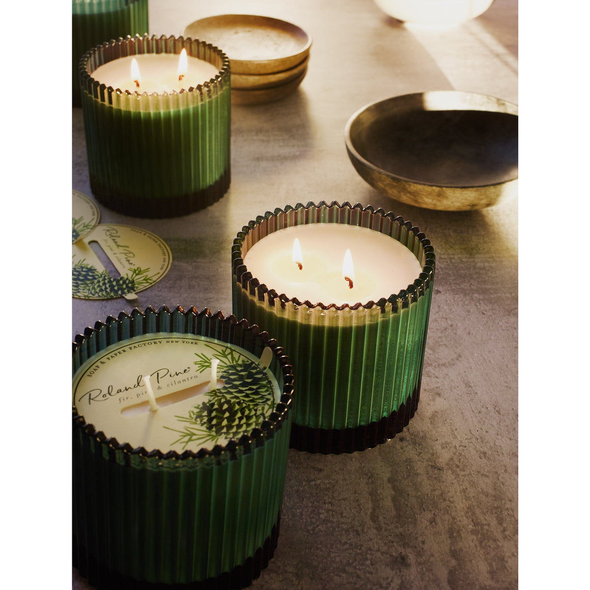Soap & Paper Factory Roland Pine Two-Wick Forest Gorgeous Green Ribbed Glass Candle 14oz burn time 14 hours - Brought to you by Luxe & Lark