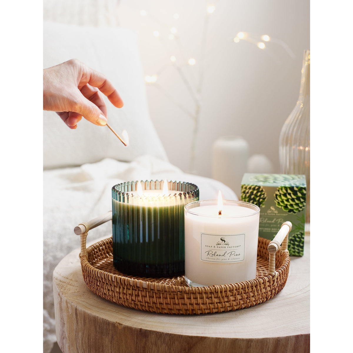 Soap & Paper Factory Roland Pine Two-Wick Forest Gorgeous Green Ribbed Glass Candle 14oz burn time 14 hours - Brought to you by Luxe & Lark