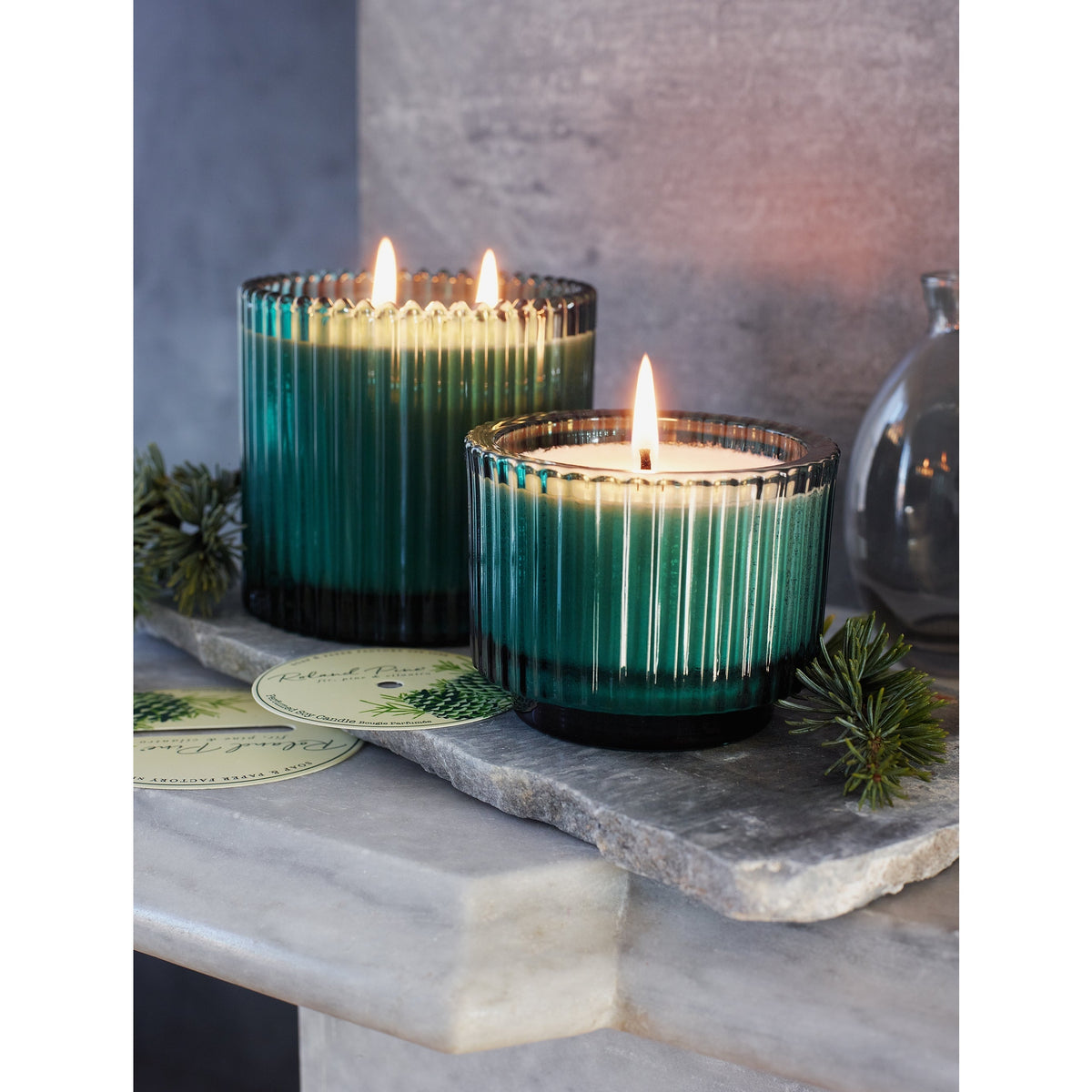Soap & Paper Factory Roland Pine Single-Wick Forest Green Ribbed Glass Candle 6oz burn time 40 hours - Brought to you by Luxe & Lark