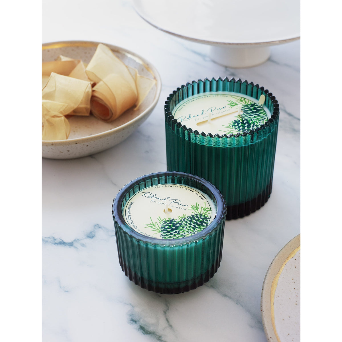 Soap & Paper Factory Roland Pine Single-Wick Forest Green Ribbed Glass Candle 6oz burn time 40 hours - Brought to you by Luxe & Lark