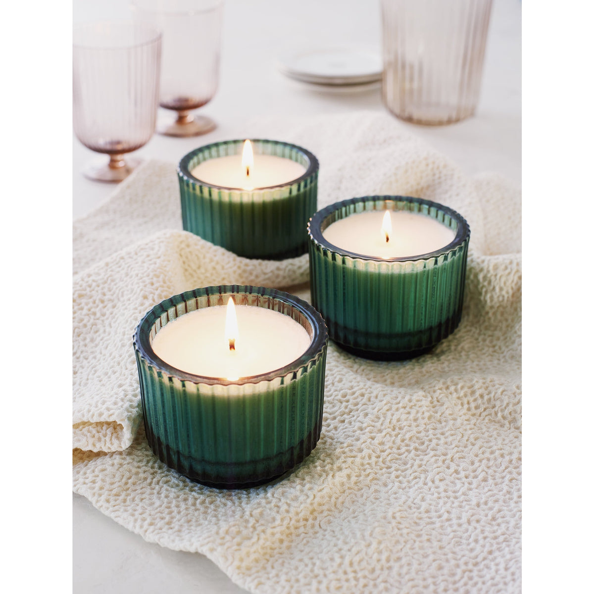 Soap & Paper Factory Roland Pine Single-Wick Forest Green Ribbed Glass Candle 6oz burn time 40 hours - Brought to you by Luxe & Lark