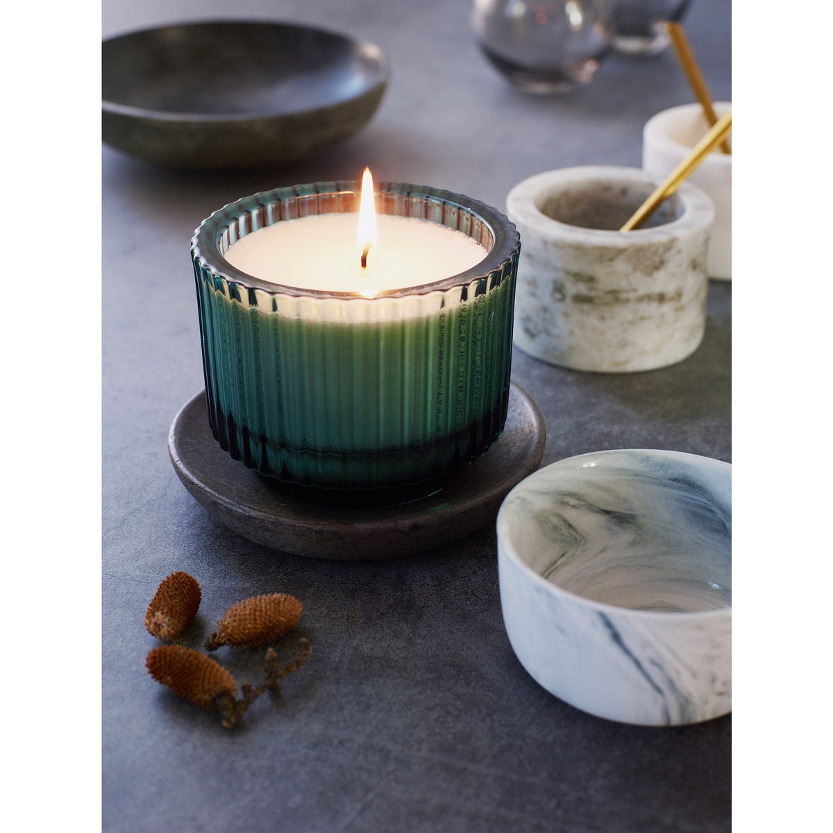 Soap & Paper Factory Roland Pine Single-Wick Forest Green Ribbed Glass Candle 6oz burn time 40 hours - Brought to you by Luxe & Lark