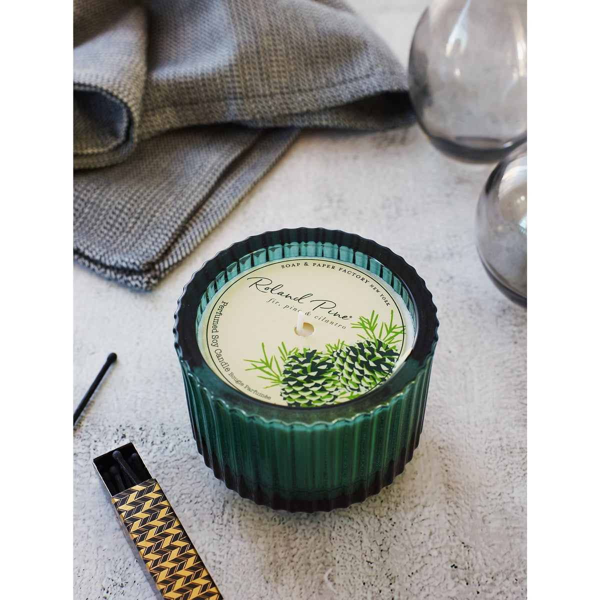 Soap & Paper Factory Roland Pine Single-Wick Forest Green Ribbed Glass Candle 6oz burn time 40 hours - Brought to you by Luxe & Lark