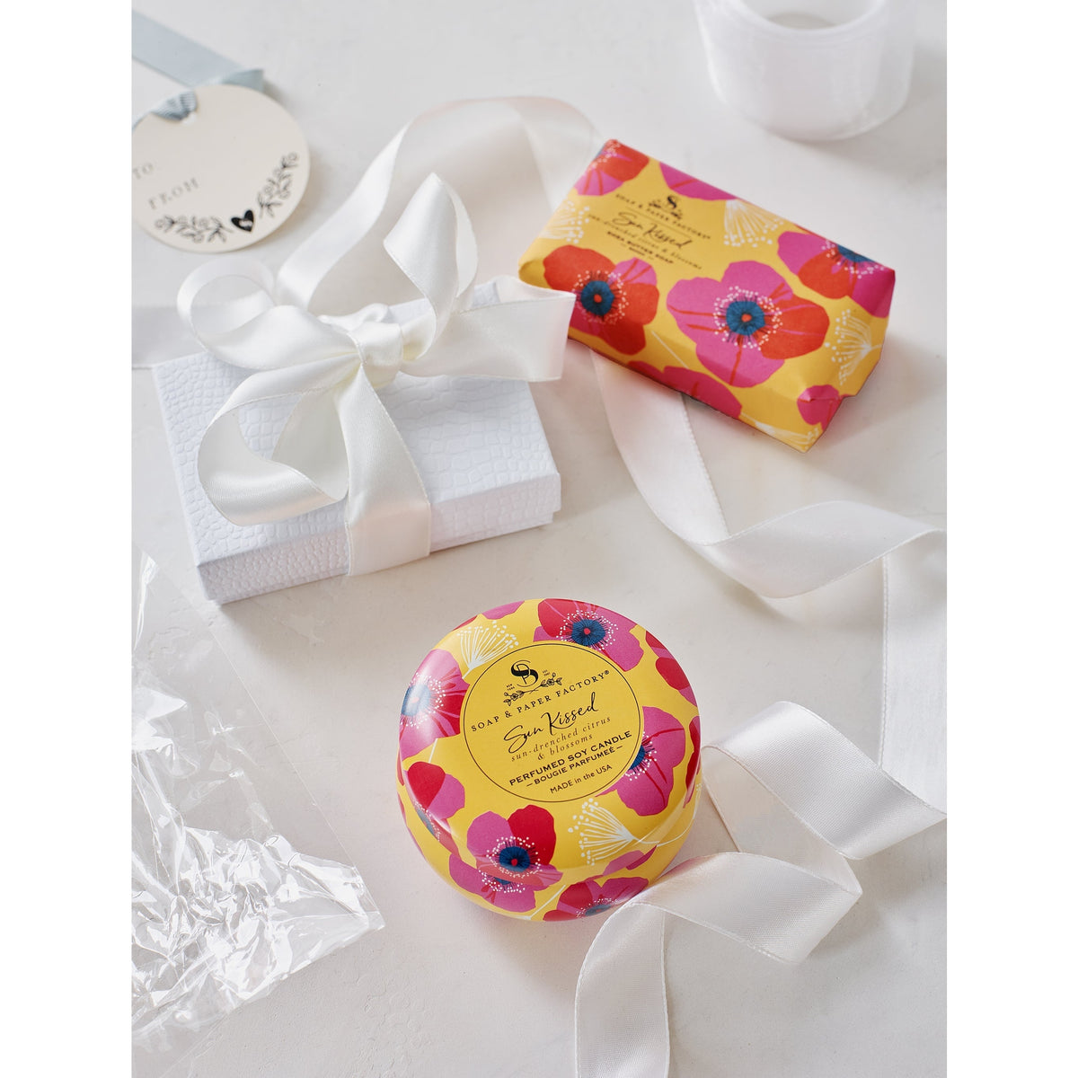 Soap &amp; Paper Factory Sun Kissed Tin Candle 3oz &amp; Soap 5oz Gift Set burn time 18 hours - Brought to you by Luxe &amp; Lark