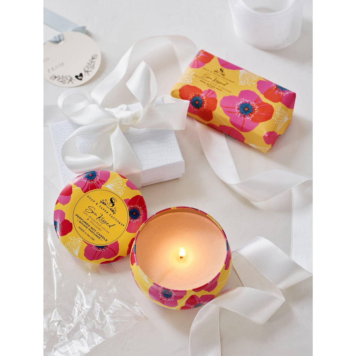 Soap &amp; Paper Factory Sun Kissed Tin Candle 3oz &amp; Soap 5oz Gift Set burn time 18 hours - Brought to you by Luxe &amp; Lark