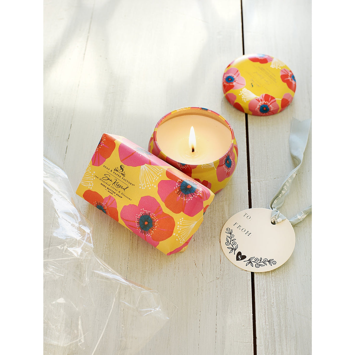 Soap &amp; Paper Factory Sun Kissed Tin Candle 3oz &amp; Soap 5oz Gift Set burn time 18 hours - Brought to you by Luxe &amp; Lark