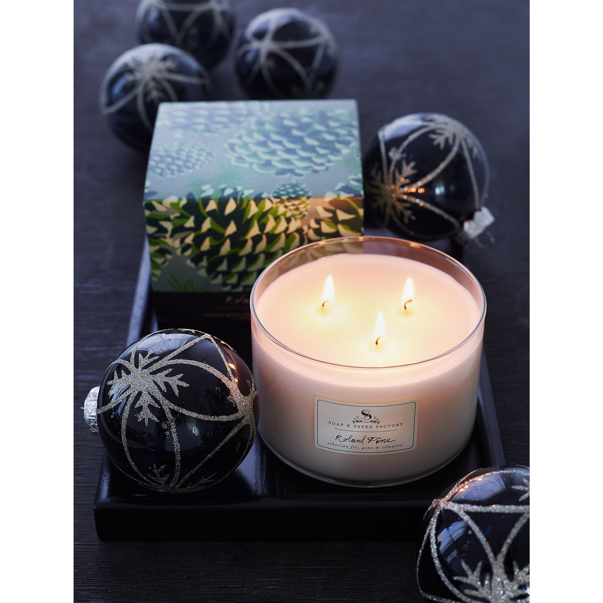 Soap & Paper Factory Roland Pine Three-Wick Candle 18oz burn time 50 hours - Brought to you by Luxe & Lark