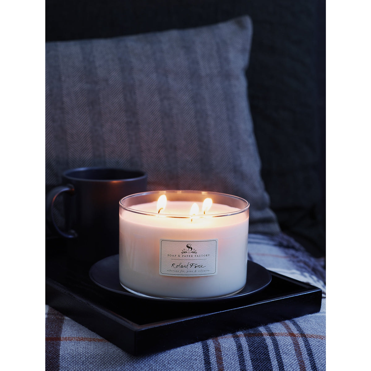 Soap & Paper Factory Roland Pine Three-Wick Candle 18oz burn time 50 hours - Brought to you by Luxe & Lark
