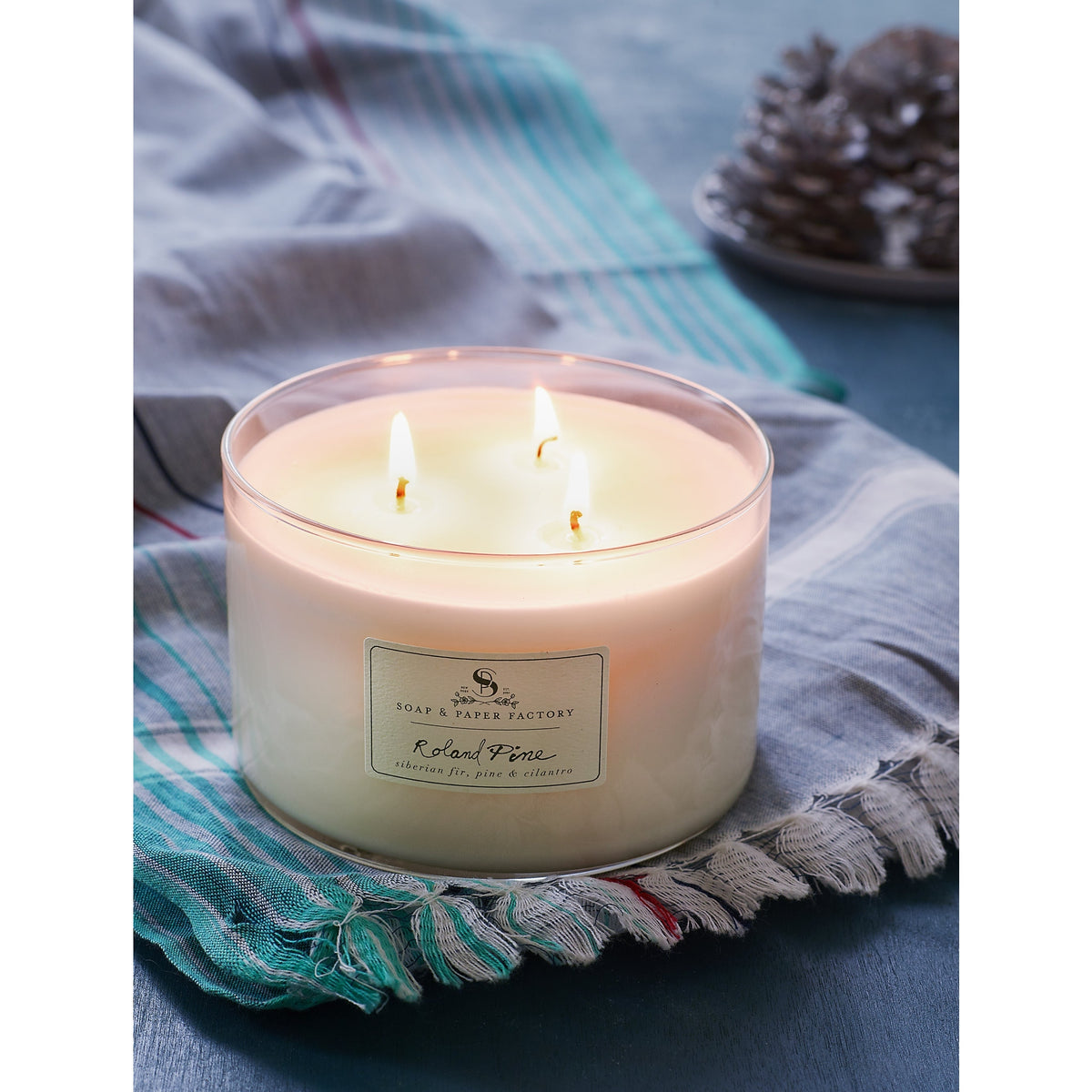 Soap & Paper Factory Roland Pine Three-Wick Candle 18oz burn time 50 hours - Brought to you by Luxe & Lark