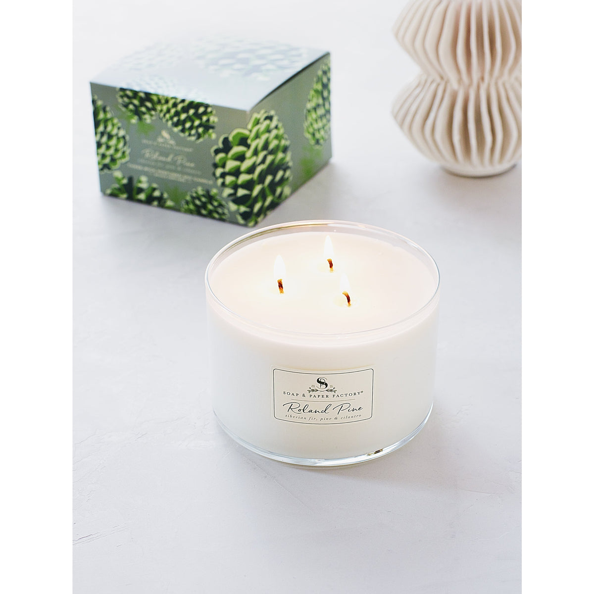 Soap & Paper Factory Roland Pine Three-Wick Candle 18oz burn time 50 hours - Brought to you by Luxe & Lark