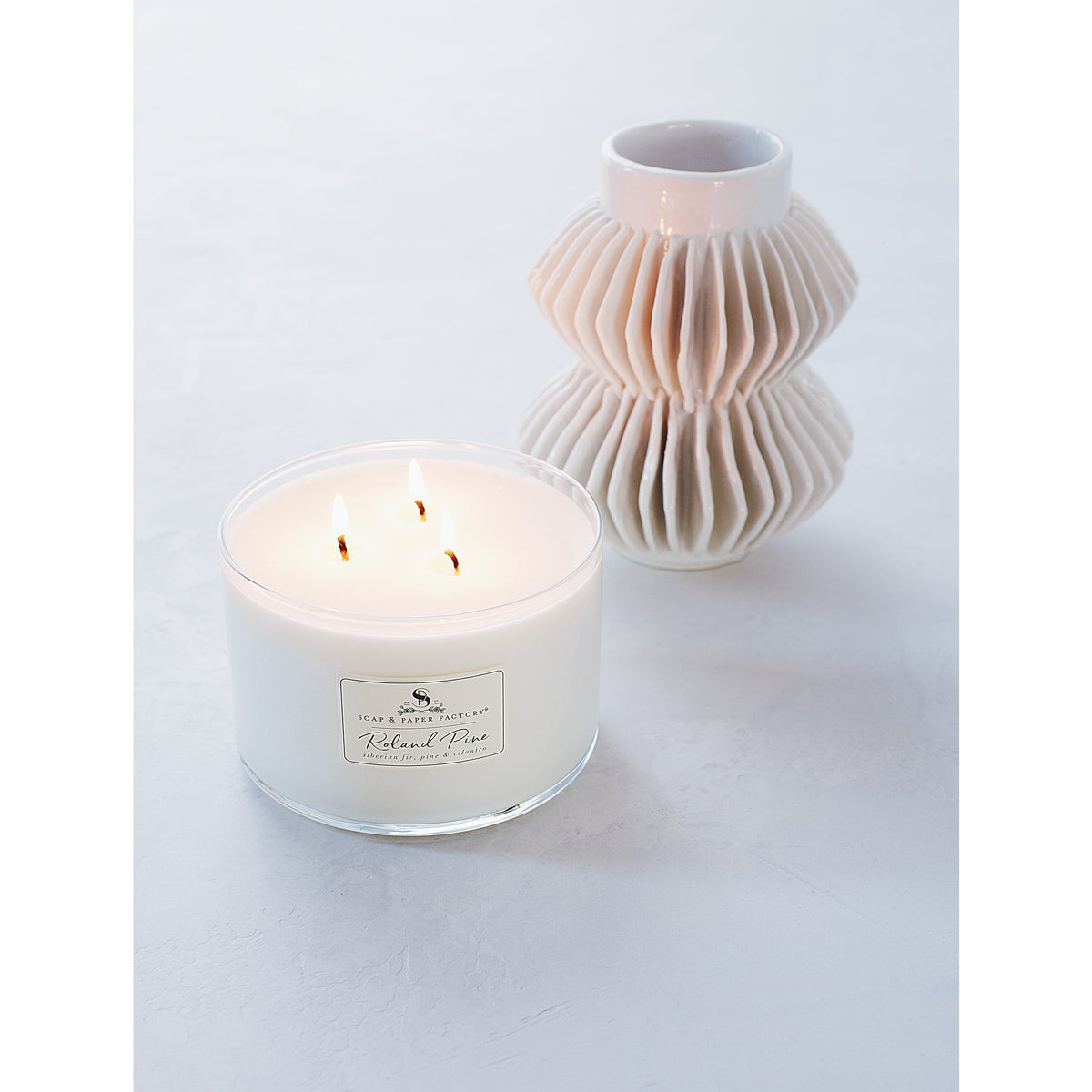 Soap & Paper Factory Roland Pine Three-Wick Candle 18oz burn time 50 hours - Brought to you by Luxe & Lark