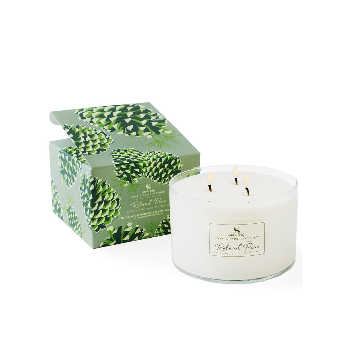 Soap & Paper Factory Roland Pine Three-Wick Candle 18oz burn time 50 hours - Brought to you by Luxe & Lark