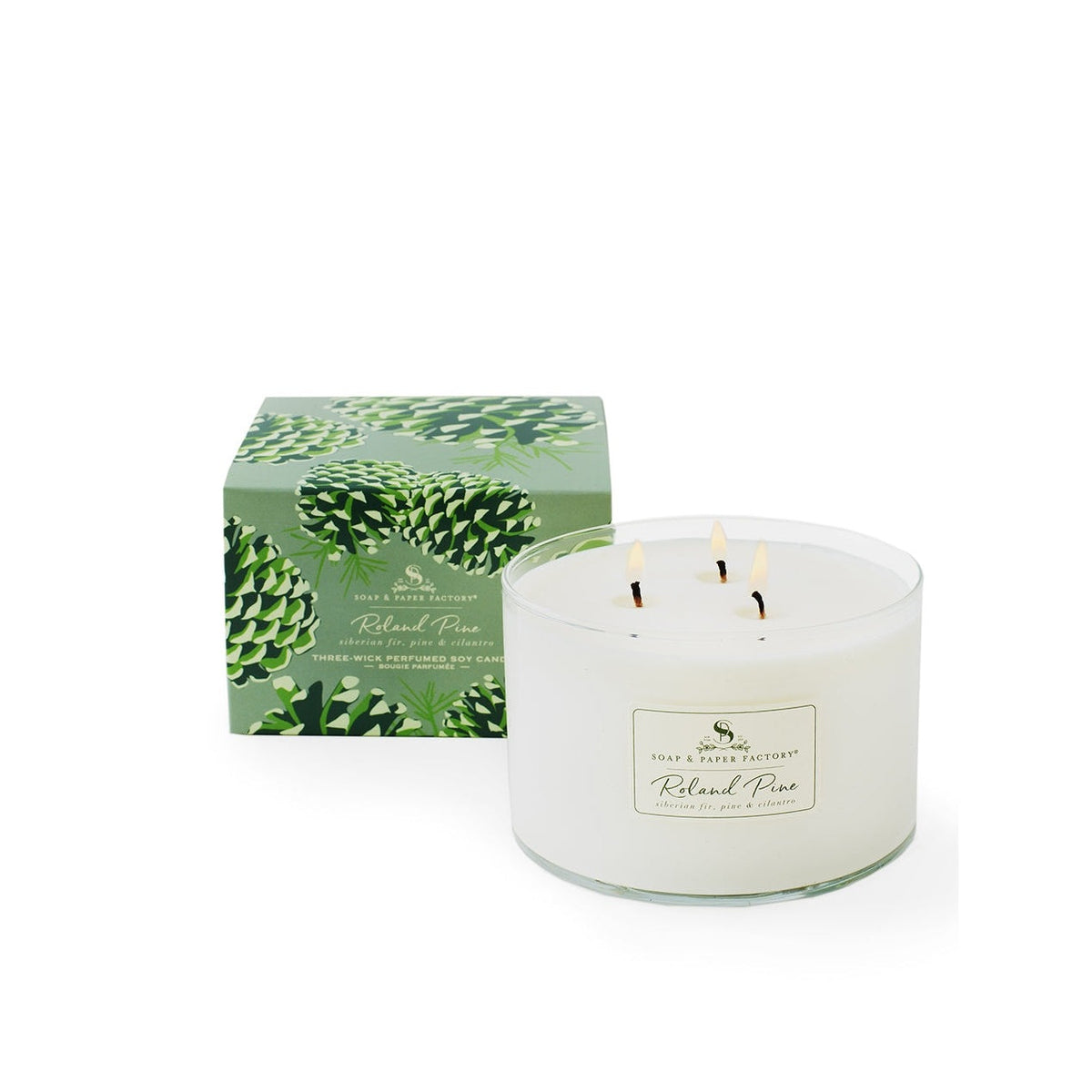 Soap & Paper Factory Roland Pine Three-Wick Candle 18oz burn time 50 hours - Brought to you by Luxe & Lark