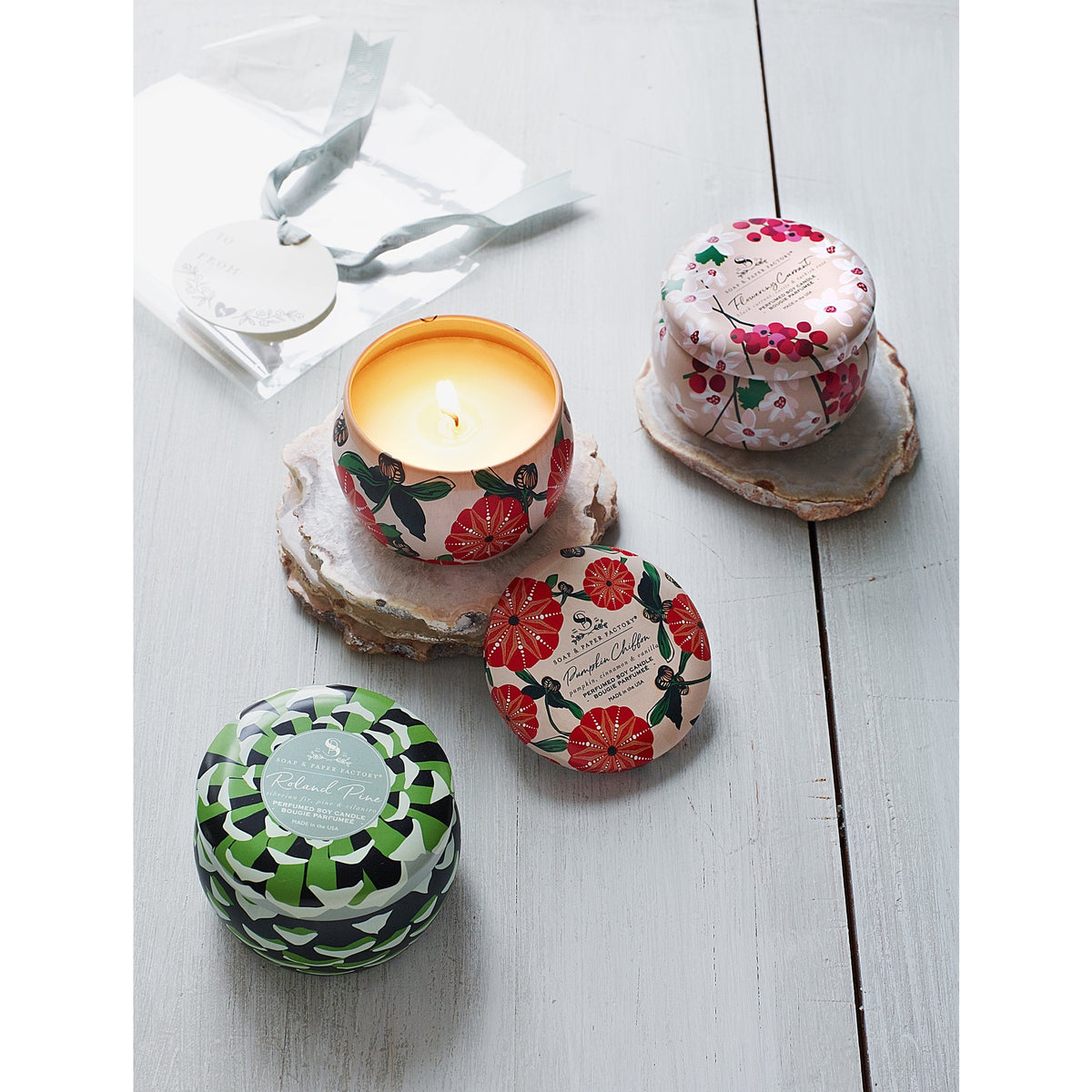 Soap & Paper Factory Small Tin Candle Trio Roland Pine, Flowering Currant, Pumpkin Chiffon 3oz set of 3, burn time 18 hours - Brought to you by Luxe & Lark