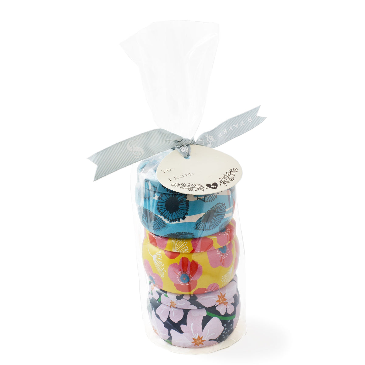 Soap &amp; Paper Factory Small Tin Candle Trio Sun Kissed Citrus, North Shore, Vanilla Fleur set of 3, 3oz burn time 18 hours - Brought to you by Luxe &amp; Lark