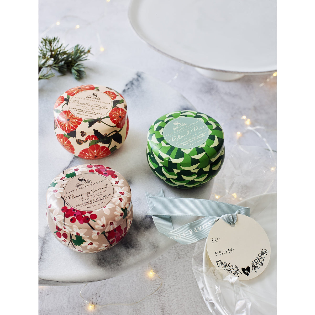 Soap & Paper Factory Small Tin Candle Trio Roland Pine, Flowering Currant, Pumpkin Chiffon 3oz set of 3, burn time 18 hours - Brought to you by Luxe & Lark