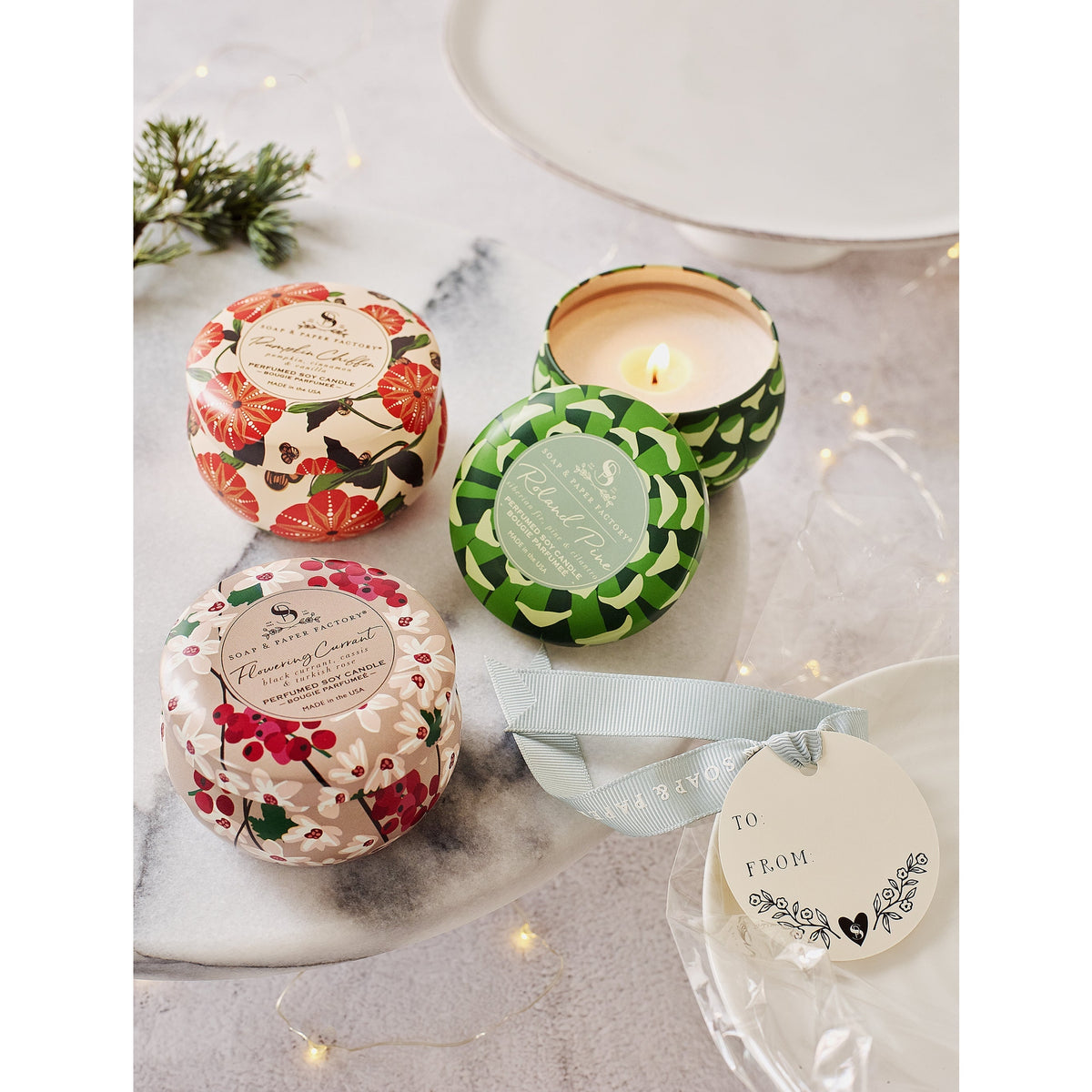 Soap & Paper Factory Small Tin Candle Trio Roland Pine, Flowering Currant, Pumpkin Chiffon 3oz set of 3, burn time 18 hours - Brought to you by Luxe & Lark
