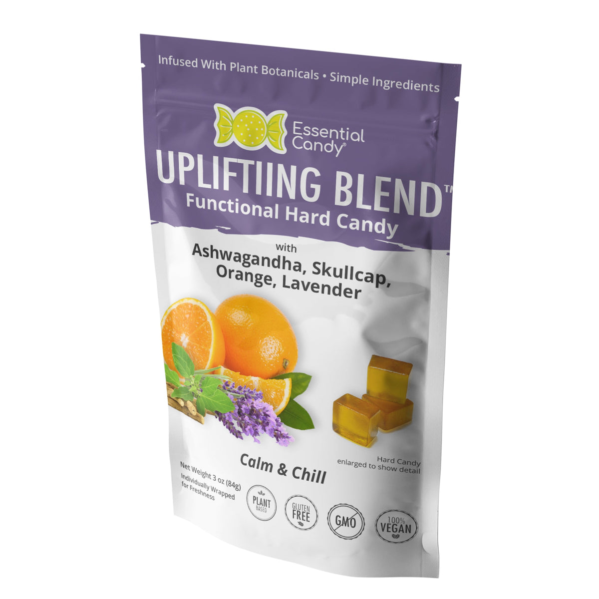 Essential Candy Uplifting Blend Functional Hard Candy, Tranquil and Chill Balance, Organic Ashwagandha, Skullcap, Orange, Lavender, Gluten-Free, Non-GMO, Vegan - Brought to you by Luxe &amp; Lark