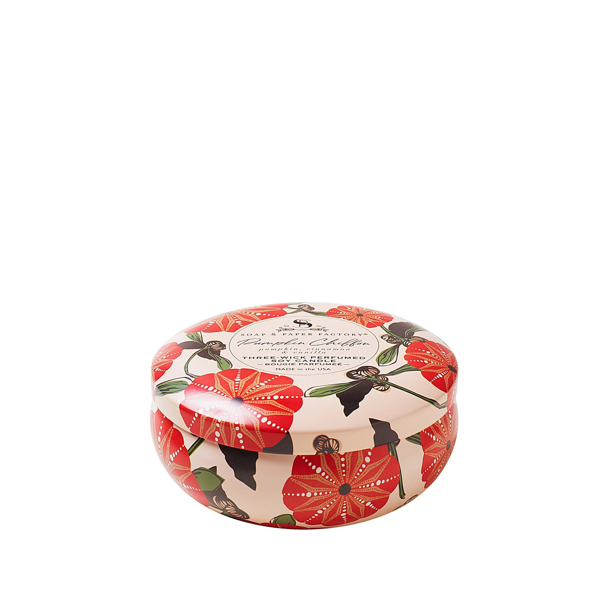 Soap &amp; Paper Factory Pumpkin Spice Chiffon Three-Wick Tin Candle 13oz burn time 32 hours - Brought to you by Luxe &amp; Lark