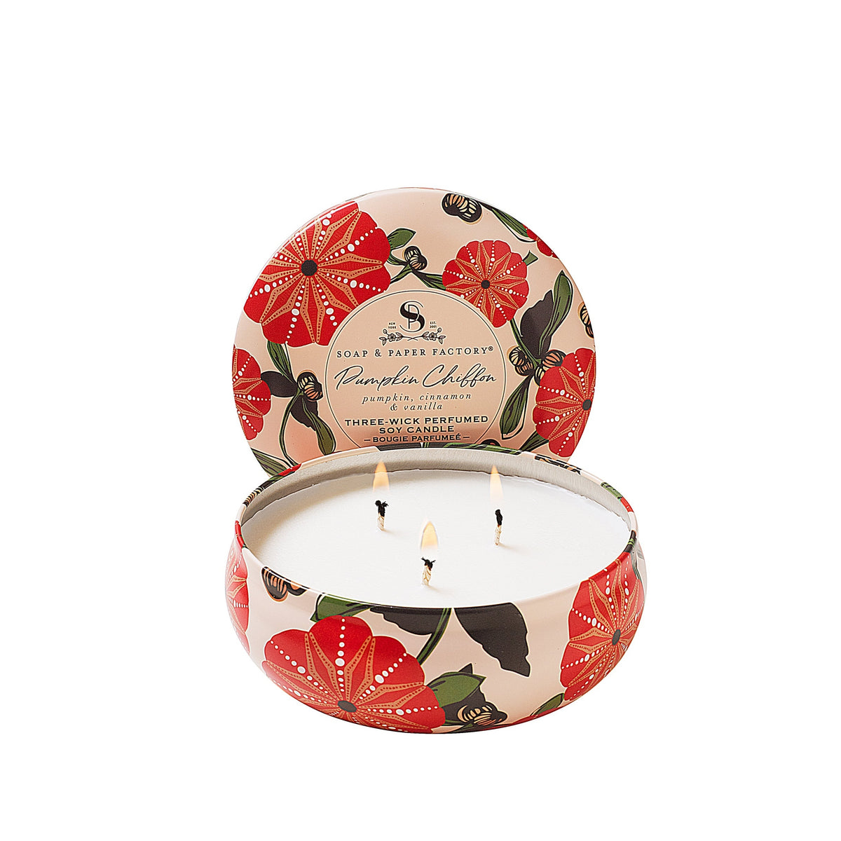 Soap &amp; Paper Factory Pumpkin Spice Chiffon Three-Wick Tin Candle 13oz burn time 32 hours - Brought to you by Luxe &amp; Lark