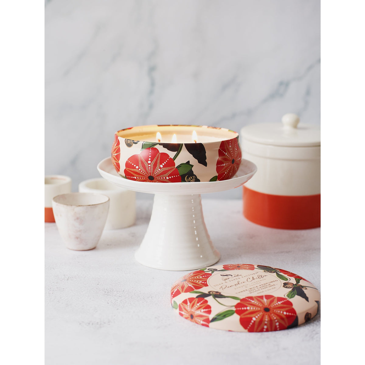 Soap &amp; Paper Factory Pumpkin Spice Chiffon Three-Wick Tin Candle 13oz burn time 32 hours - Brought to you by Luxe &amp; Lark