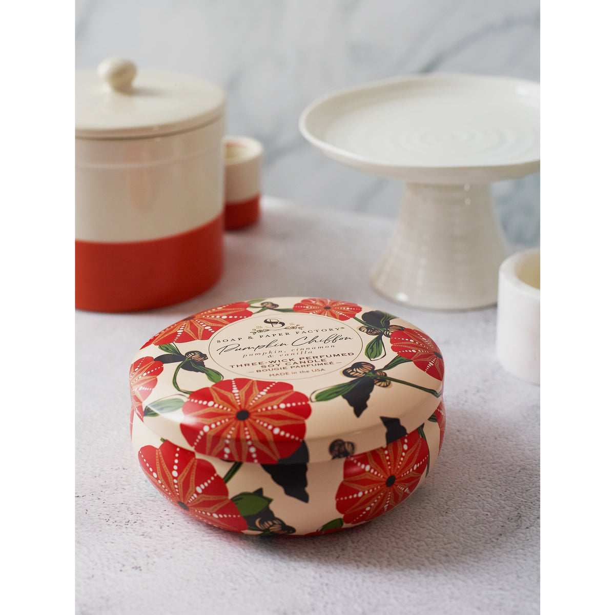 Soap &amp; Paper Factory Pumpkin Spice Chiffon Three-Wick Tin Candle 13oz burn time 32 hours - Brought to you by Luxe &amp; Lark