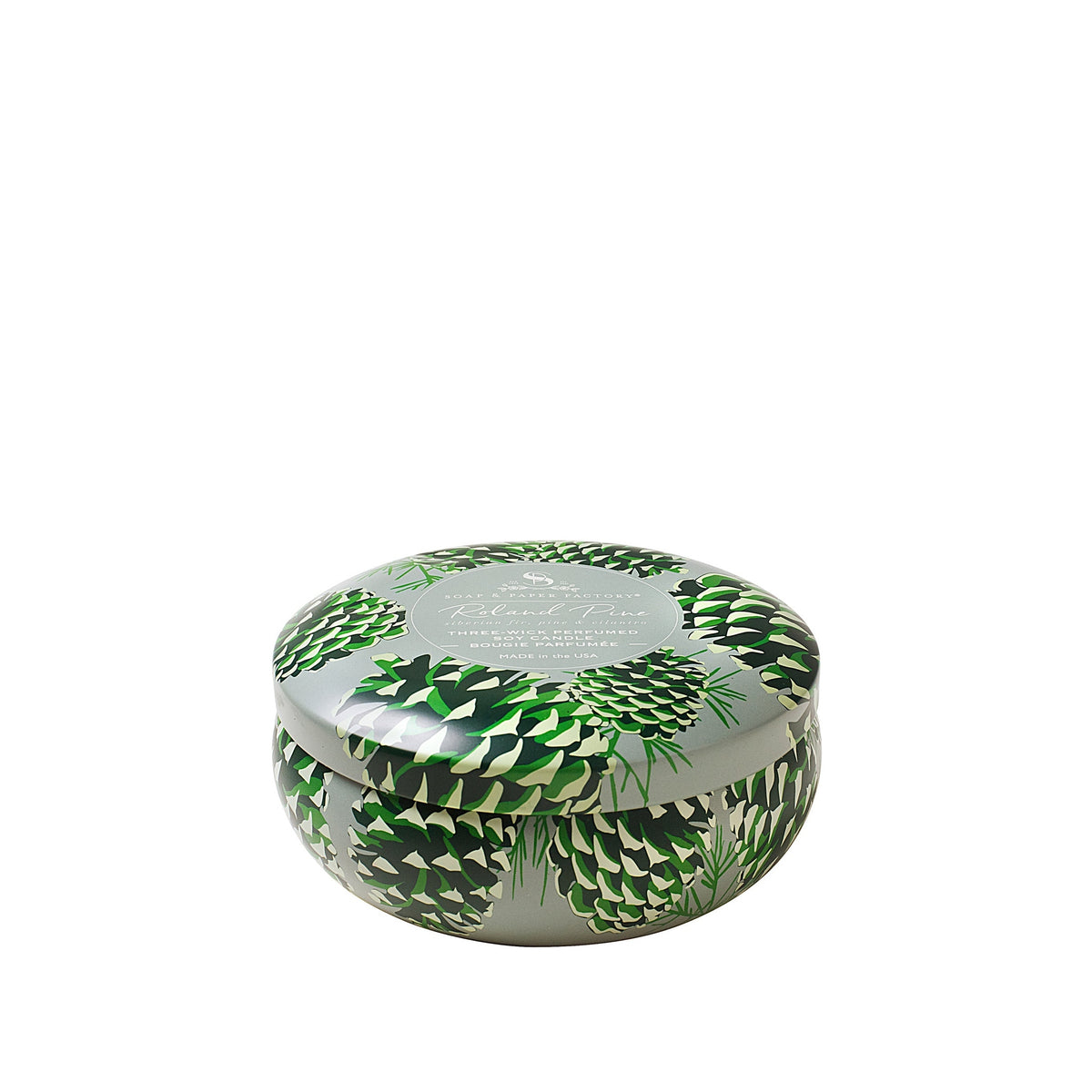 Soap & Paper Factory Roland Pine Three-Wick Large Tin Candle 13oz burn time 32 hours - Brought to you by Luxe & Lark