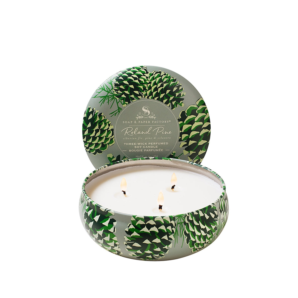 Soap & Paper Factory Roland Pine Three-Wick Large Tin Candle 13oz burn time 32 hours - Brought to you by Luxe & Lark