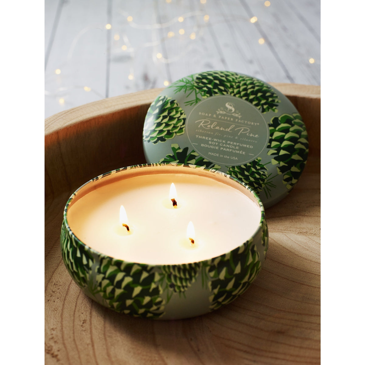 Soap & Paper Factory Roland Pine Three-Wick Large Tin Candle 13oz burn time 32 hours - Brought to you by Luxe & Lark