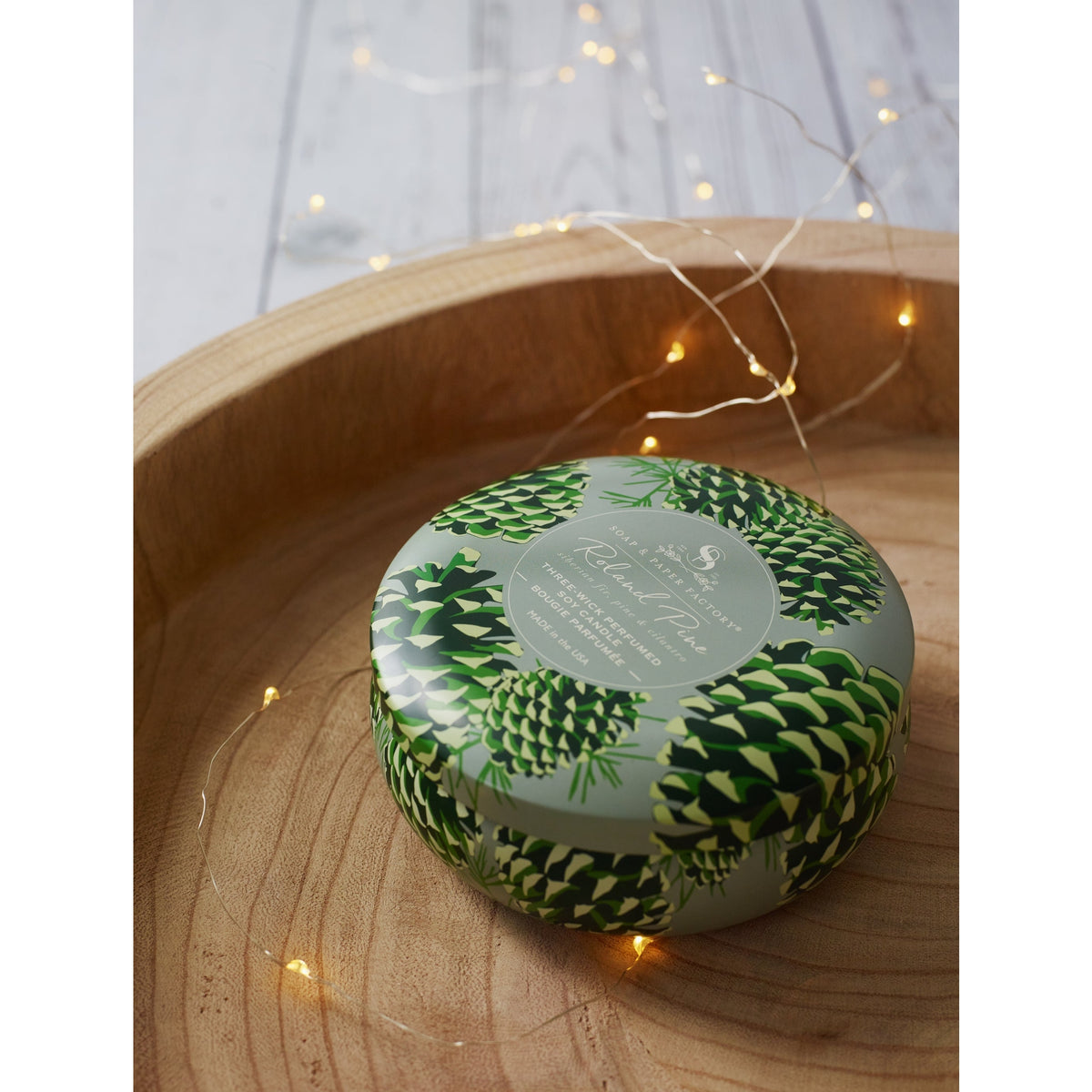 Soap & Paper Factory Roland Pine Three-Wick Large Tin Candle 13oz burn time 32 hours - Brought to you by Luxe & Lark