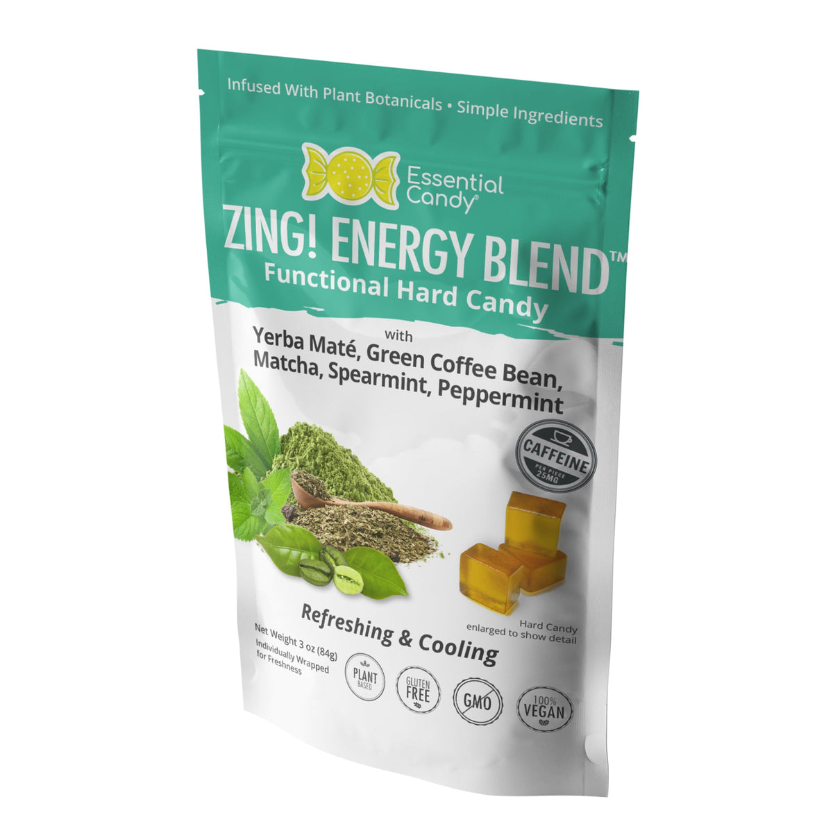 Essential Candy Zing! Energy Blend Functional Hard Candy, Refreshing and Cooling, Organic Yerba Mate´, Green Matcha, Green Coffee Bean, Spearmint, Peppermint, Gluten-Free, Non-GMO, Vegan - Brought to you by Luxe &amp; Lark