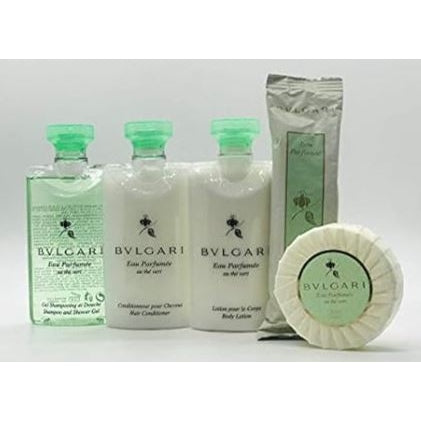 Bvlgari Green Tea Travel Gift Set of 5 Includes One of Each Shampoo Shower Gel Combo 2.5oz , Conditioner 2.5oz , Lotion 2.5oz ,Bar Soap 50g , Face Towelette - Brought to you by Luxe & Lark