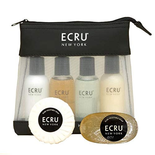 Ecru New York Cosmetic Bag with Shampoo, Conditioner, Body Lotion, Shower Gel, Clear Pleat Soap and Clear Wrap Glycerin Soap - Brought to you by Luxe &amp; Lark